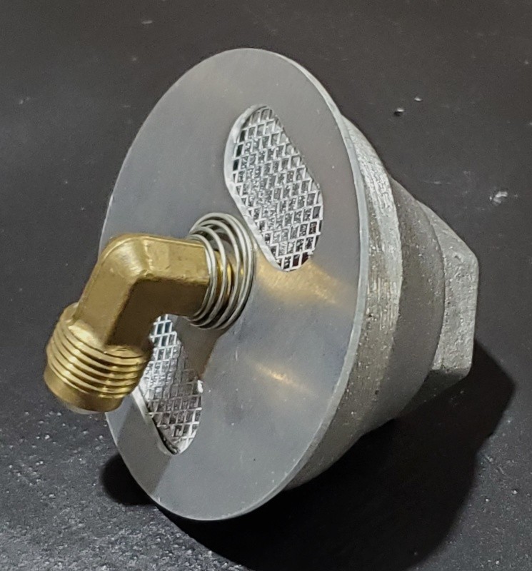 A75AM  3/4" Cast Aluminum Venturi Air Gas Mixer, air shutter, with Insect Screen Guard, and a 90° 3/8" gas flare orifice fitting