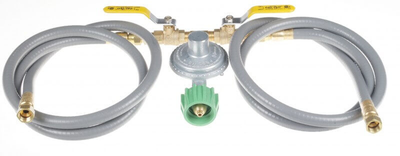 COM5-D Dual Hose, Dual Ball Valve, Low Pressure PRESET Regulator Assembly with Green Acme Tank Safety Fitting